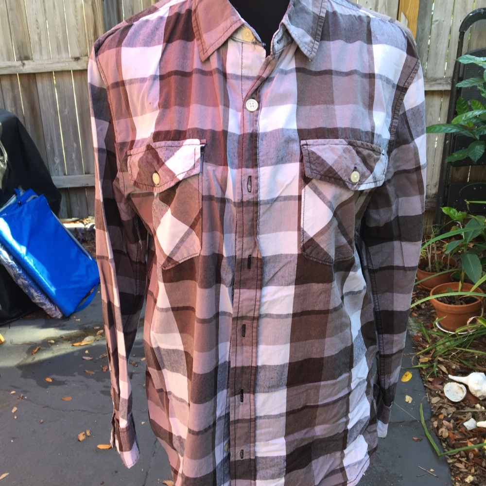 Warp & Weft Gray/taupe Cotton Plaid Shirt Size Medium